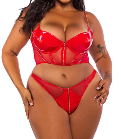 Red Midnight Minx Vinyl 2-Piece Bustier Set With Gold Trim