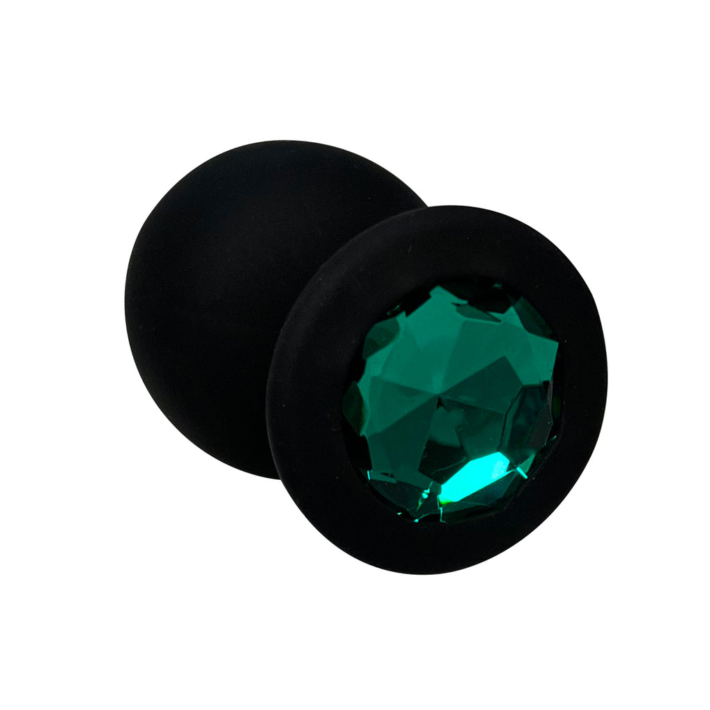 FETISH PLEASURE PLAY SILICONE BLACK ANAL PLUG WITH GREEN JEWELED BASE - Large