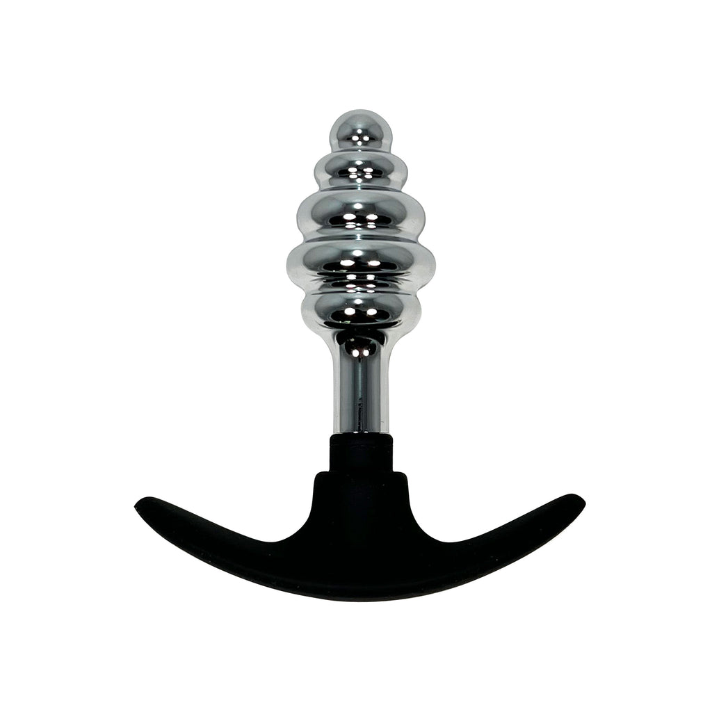 Fetish Pleasure Play Ribbed Metal Butt Plug With Silicone Handle