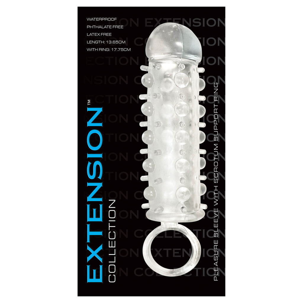 Extension Collection Pleasure Sleeve with Scrotum Support Ring - Clear