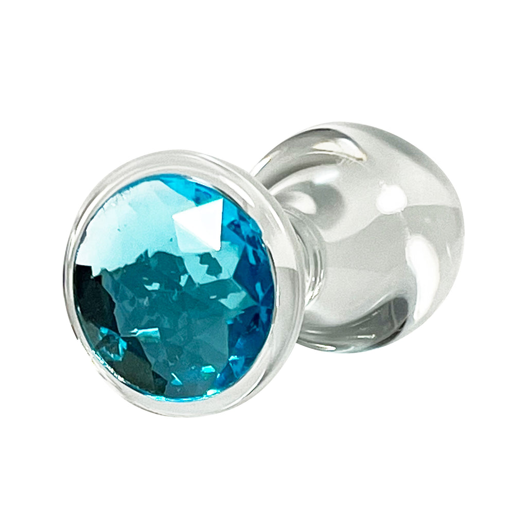 Fetish Pleasure Play Medium Glass Blue Jeweled Butt Plug