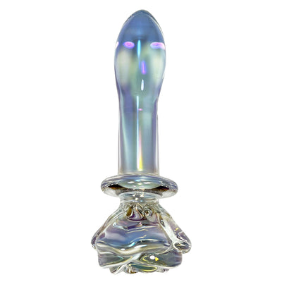 Fetish Pleasure Play Rose Clear Iridescent Glass Butt Plug