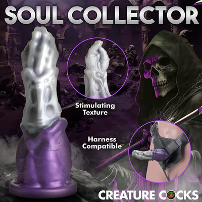 GRIM REAPER SILICON DILDO IN PURPLE AND SILVER FROM CASTLE MEGASTORE - STIMULATING TEZTURE, HARNESS COMPATIBLE